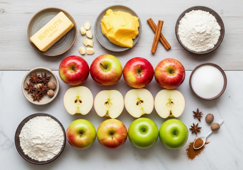 a beautiful flat lay of fresh apples butter flour sugar and spices arranged artfully for making a classic apple pie perfect for pinterest