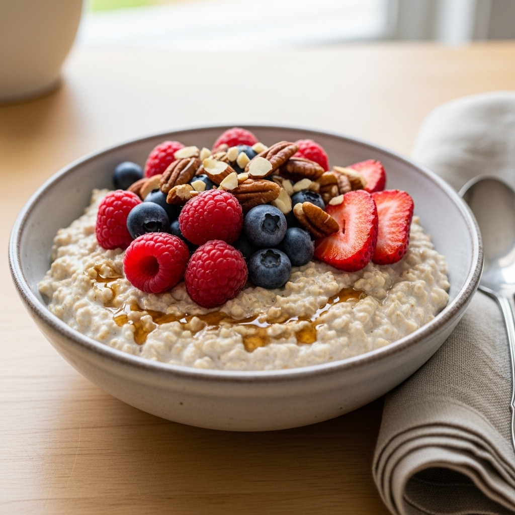 a beautifully presented bowl of creamy overnight oats topped with fresh berries and nuts