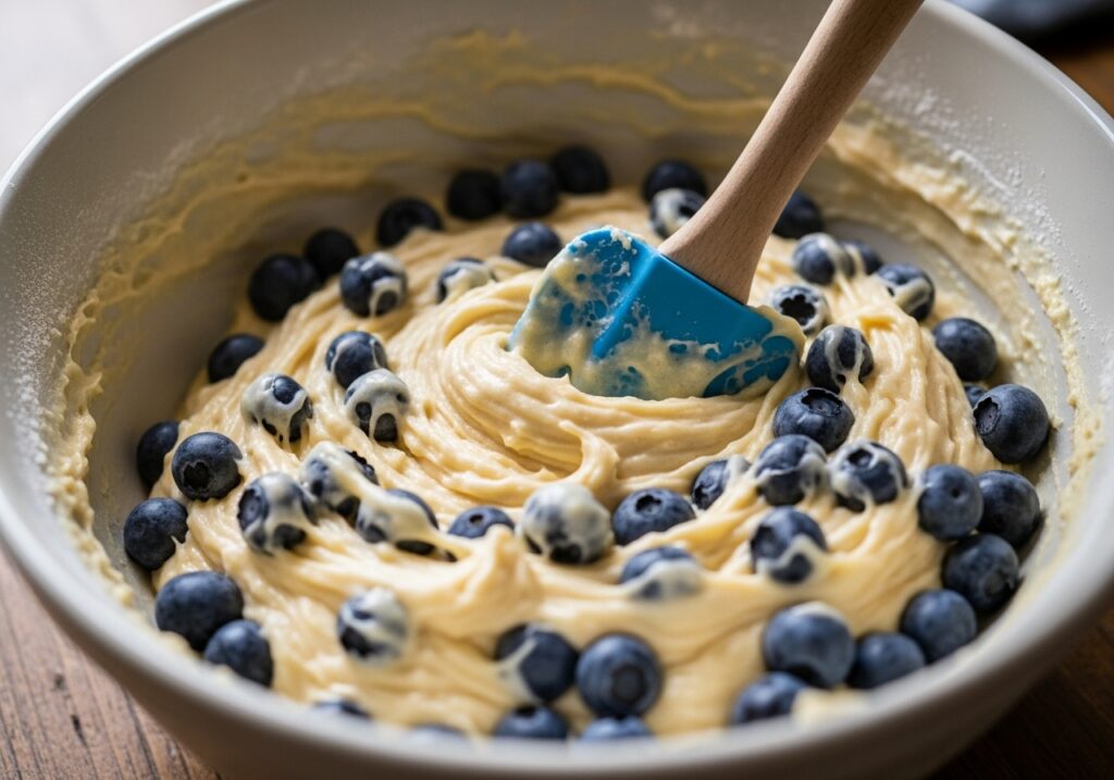 a bowl of blueberry muffin batter being gently mixed with a spatula showing a few visible lumps and folded in blueberries