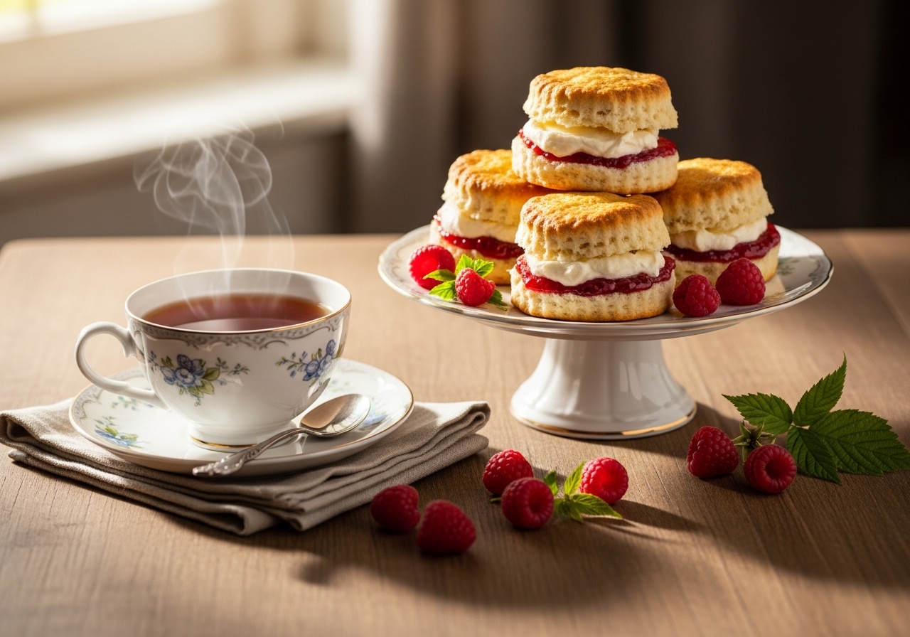 a charming scene of lemon raspberry scones served with tea and fresh raspberries perfect for afternoon tea
