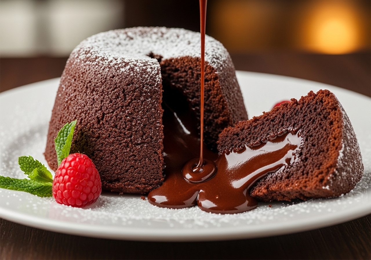 a chocolate lava cake cut open revealing the gooey molten chocolate center oozing out