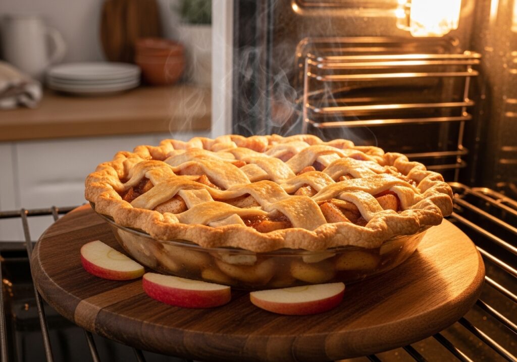 a classic apple pie with a golden crust actively baking in the oven with bubbling filling visible optimized for pinterest