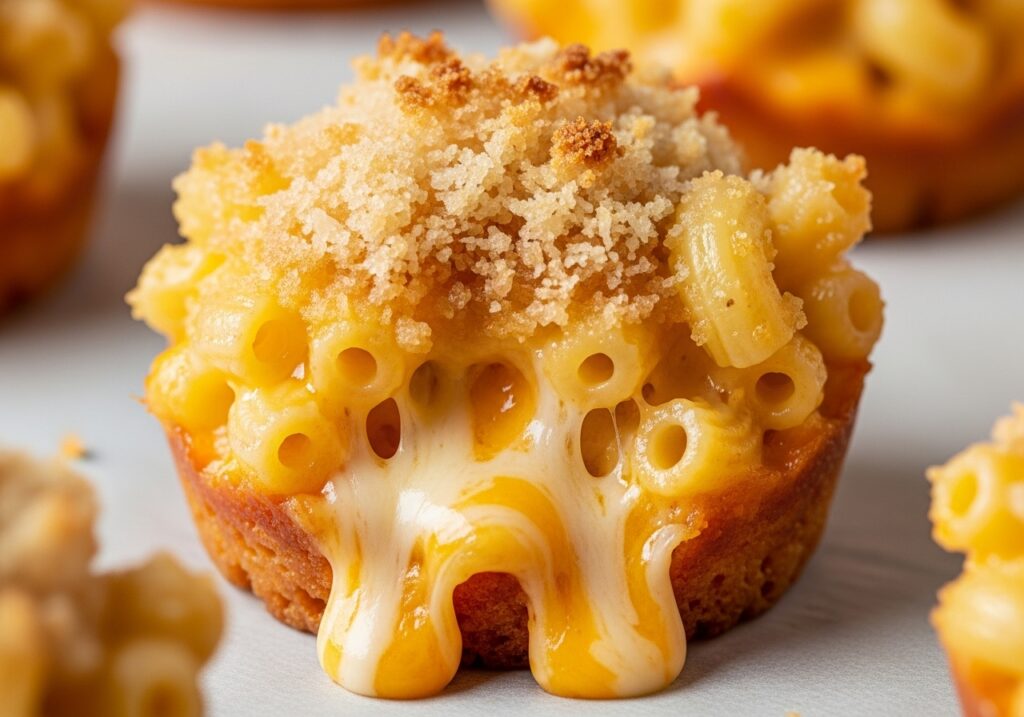 a close up of a baked mac and cheese bite showing its gooey cheese and crispy topping