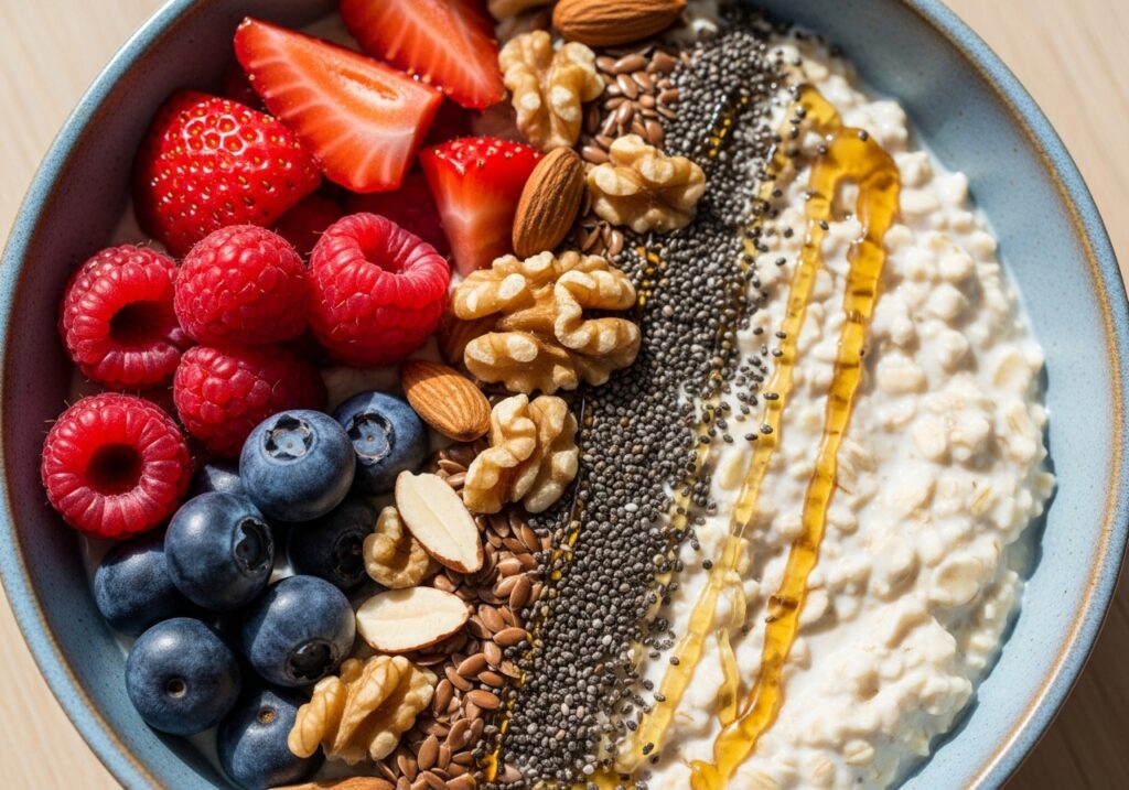 a close up of a bowl of overnight oats with various toppings like fresh fruit nuts and seeds
