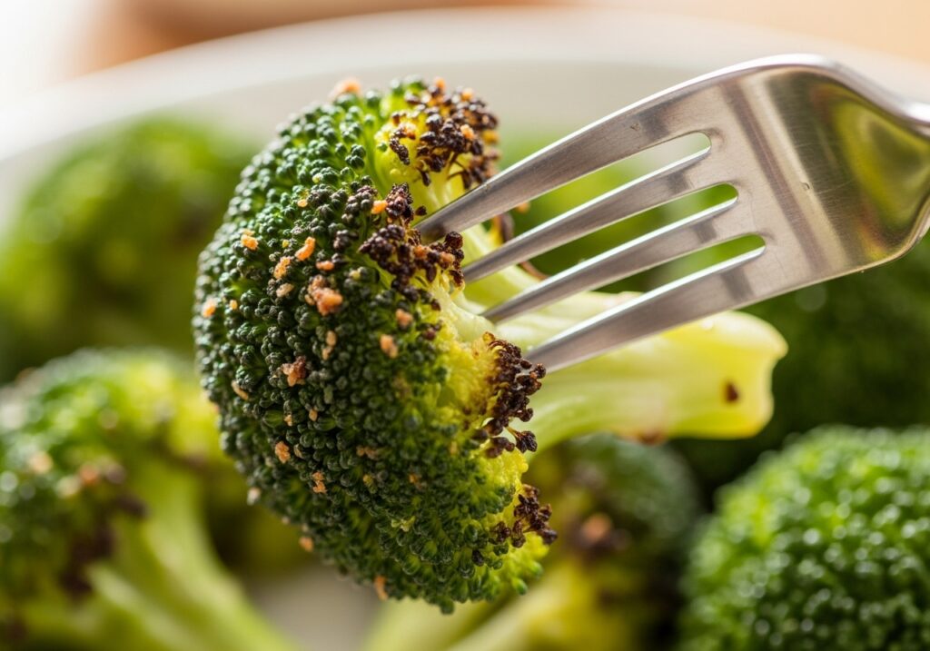 A close-up of a fork picking up a piece of properly roasted broccoli, revealing how delicate and crispy it is.