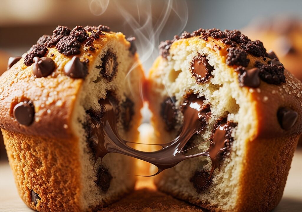 a close up of a perfect chocolate chip muffin showing its moist interior and melted chocolate chips.