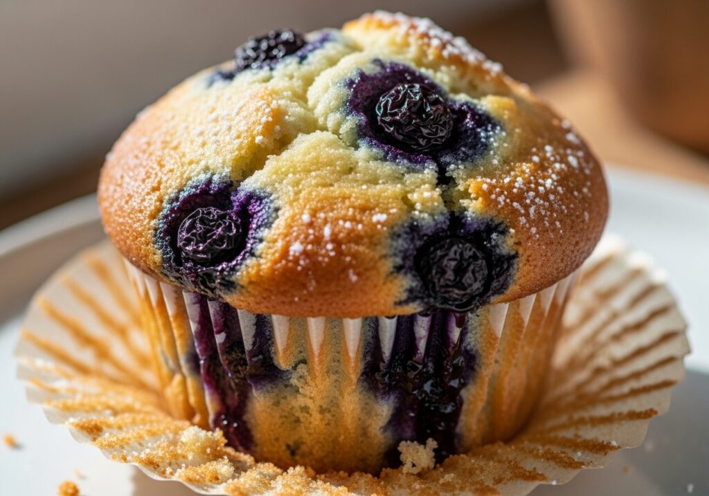 a close up of a perfectly baked blueberry muffin showcasing its golden brown top tender crumb and juicy blueberries