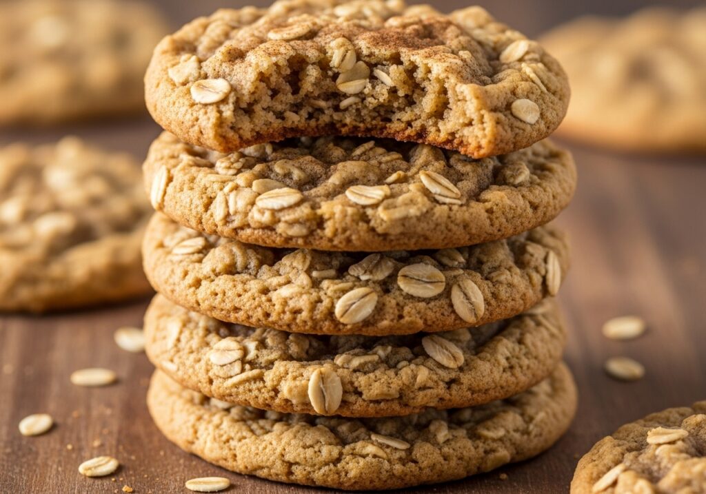 a close up of a stack of perfectly chewy oatmeal cookies showcasing their texture
