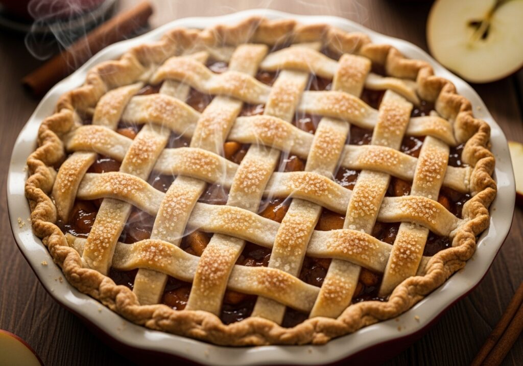a close up shot of a classic apple pie with a beautifully woven lattice top showcasing its readiness for baking optimized for pinterest