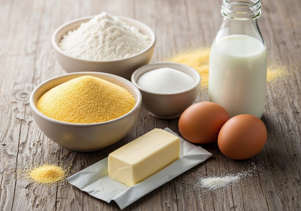 a collection of ingredients for cornbread flour cornmeal sugar eggs buttermilk and butter
