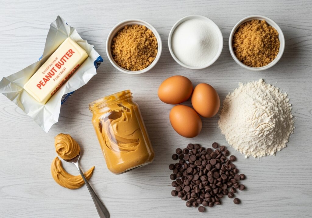 a collection of ingredients: butter, peanut butter, sugars, eggs, flour, chocolate chips.