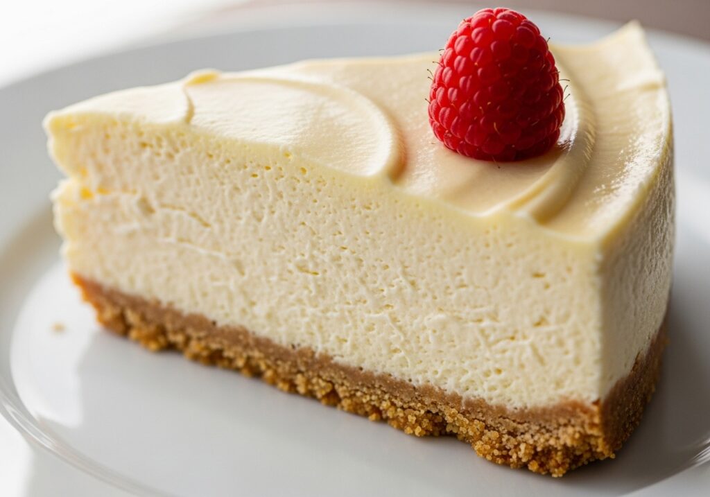 a detailed shot of a slice of no bake cheesecake showing its smooth creamy texture and firm graham cracker crust