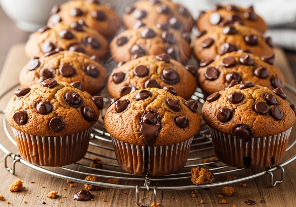 a dozen freshly baked perfect chocolate chip muffins, golden brown and studded with melted chocolate chips.