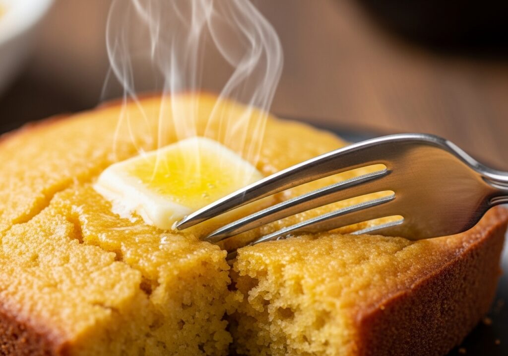 a fork cutting into a warm moist slice of classic cornbread