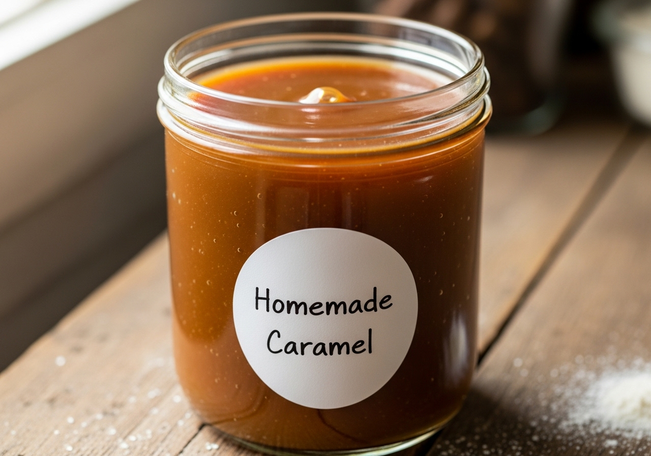 a glass jar filled with shiny golden homemade caramel sauce ready for storage