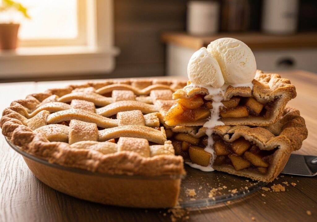 a golden brown homestyle apple pie, freshly baked and slightly cooled, with a slice removed