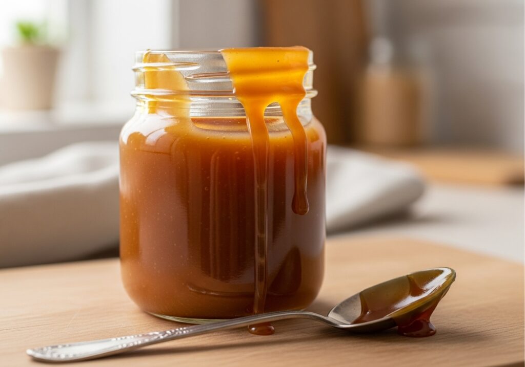 a jar filled with golden luscious homemade caramel sauce with a caramel drizzle dripping down the side