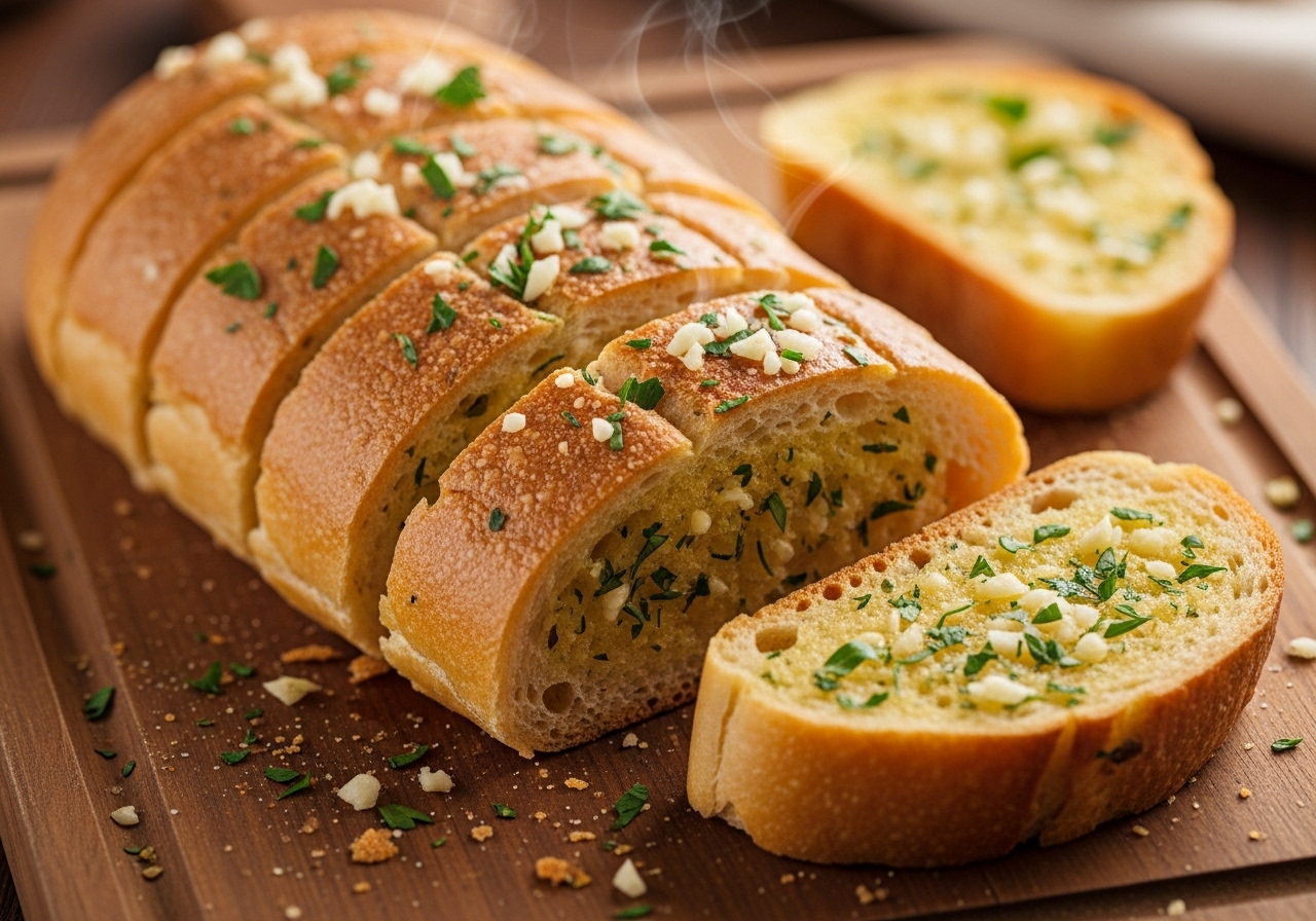 a loaf of garlic bread sliced into individual servings ready to be enjoyed