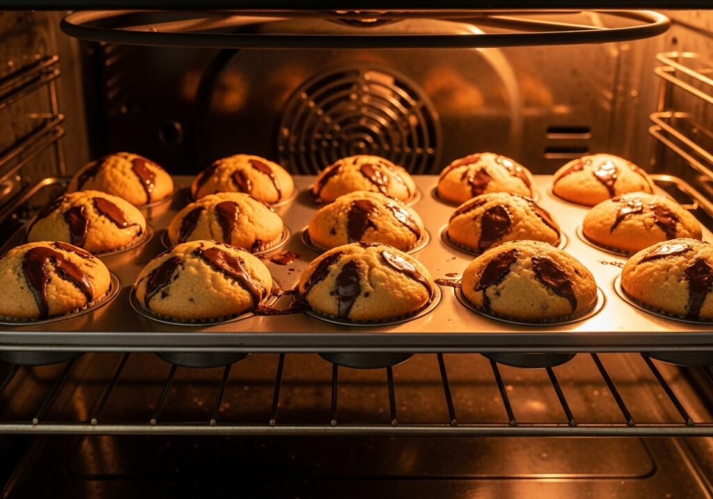 a muffin tin filled with perfectly golden brown chocolate chip muffins baking in the oven.