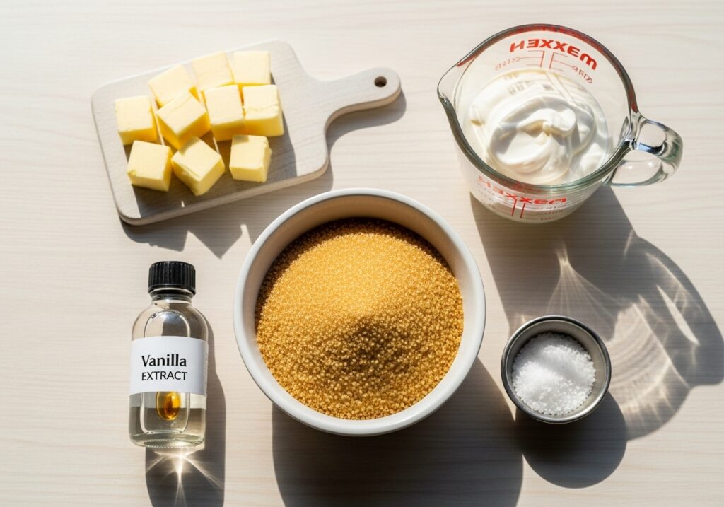a neatly arranged display of ingredients for caramel sauce granulated sugar cubed butter heavy cream vanilla extract and sea salt