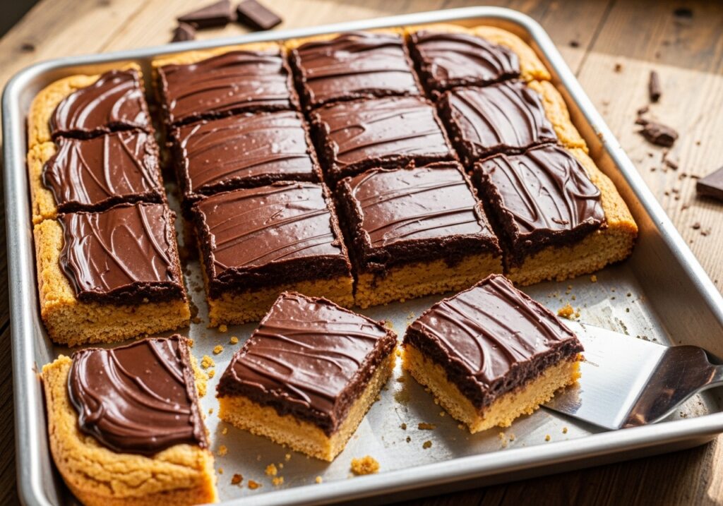a pan of homemade peanut butter cookie bars with a rich chocolate topping, cut into squares.