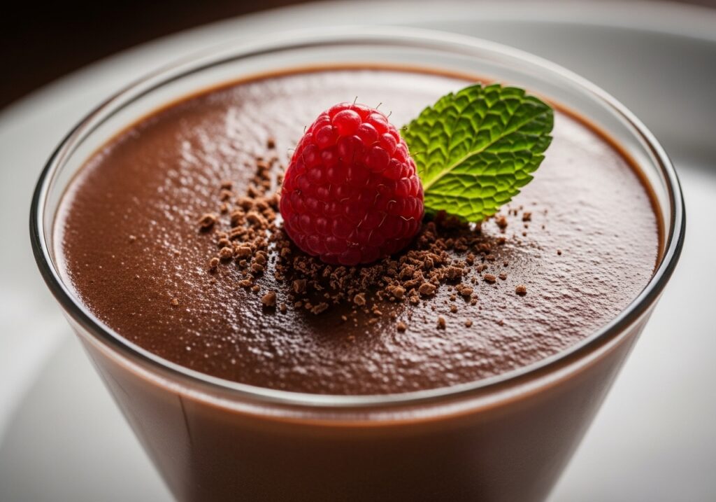 a perfect serving of rich chocolate mousse in a glass dish topped with a raspberry and a mint leaf