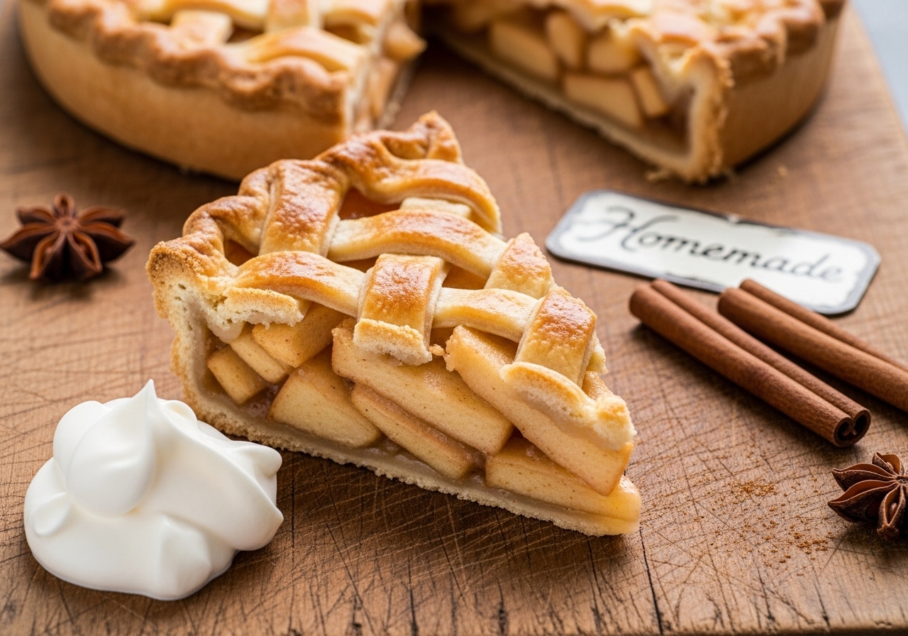 a perfect slice of golden brown classic apple pie on a rustic wooden board ready for a pinterest share