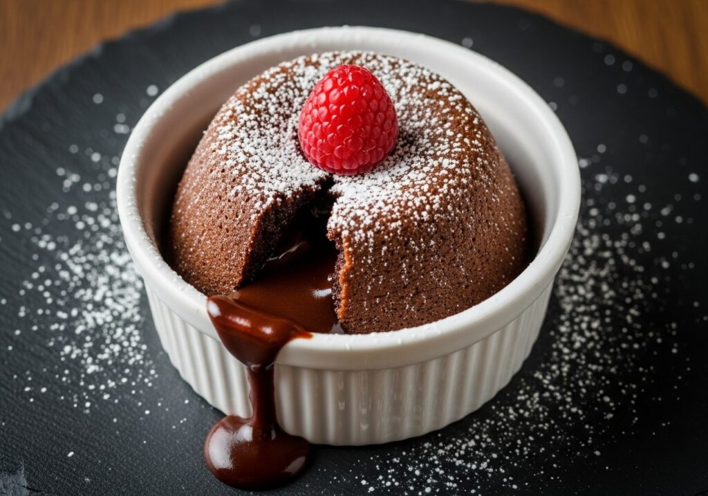 a perfectly baked chocolate lava cake in a ramekin with a dusting of powdered sugar and a single raspberry on top