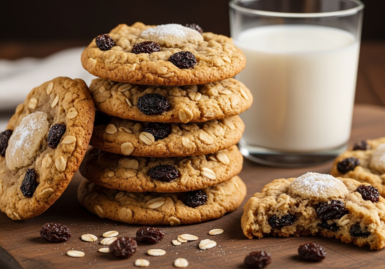 a perfectly baked stack of chewy oatmeal cookies golden brown with visible oats and raisins