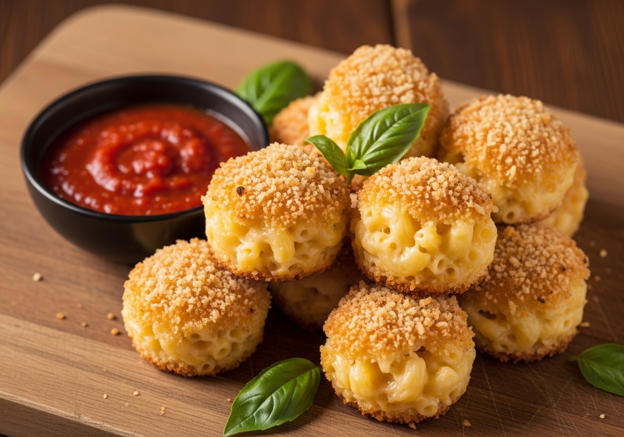 a plate of baked mac and cheese bites some topped with panko served with a side of marinara dipping sauce