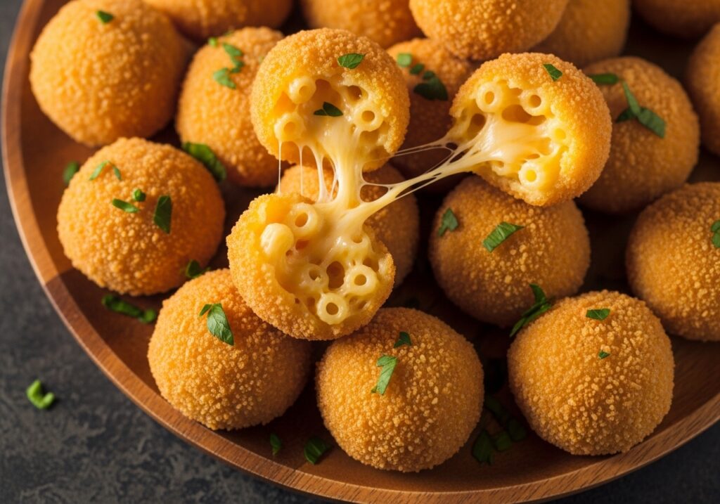 a platter of golden brown baked mac and cheese bites showcasing their crispy exteriors and cheesy centers