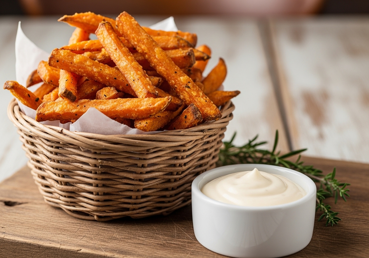 a rustic basket overflowing with crispy baked sweet potato fries served with a side of creamy aioli