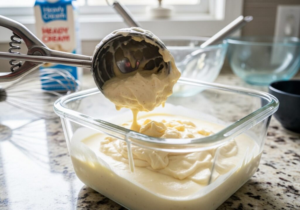 a scoop of homemade ice cream base being placed into a freezer safe container.