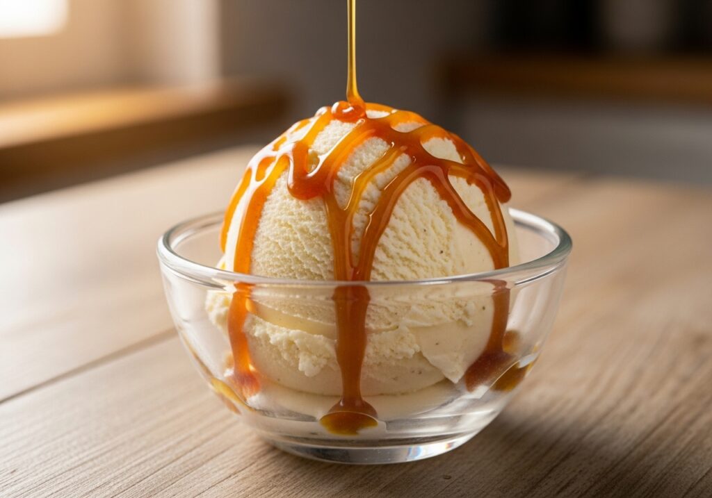 a scoop of vanilla ice cream being drizzled with golden homemade caramel sauce