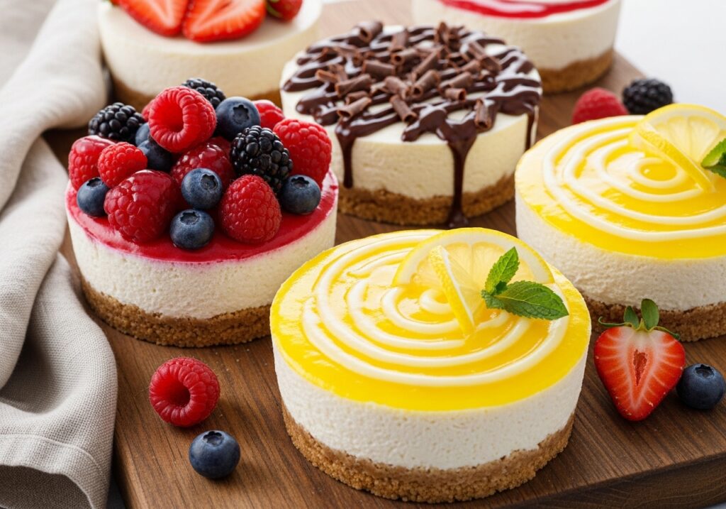 a selection of no bake cheesecakes showcasing different toppings like berries chocolate and a lemon swirl