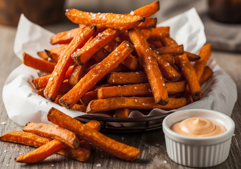 a serving basket filled with golden brown crispy baked sweet potato fries perfect for dipping