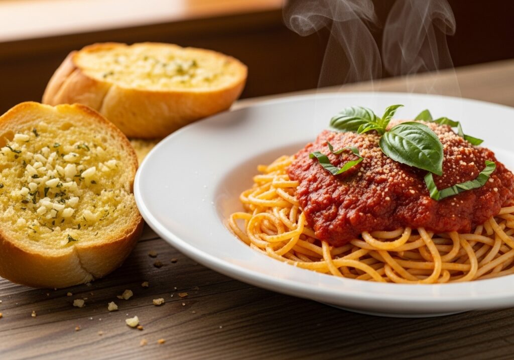 a serving of garlic bread next to a plate of steaming spaghetti with marinara sauce