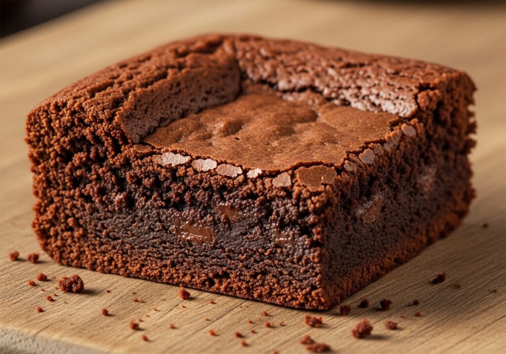 a single fudgy brownie cut from the pan, showing its dense and moist interior.