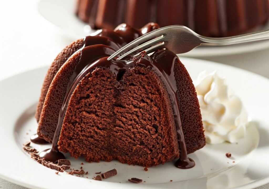 a slice of moist chocolate bundt cake being served with a fork, revealing its rich texture