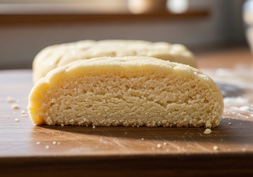 a slice of sugar cookie showing its tender interior, perfect for decorating.