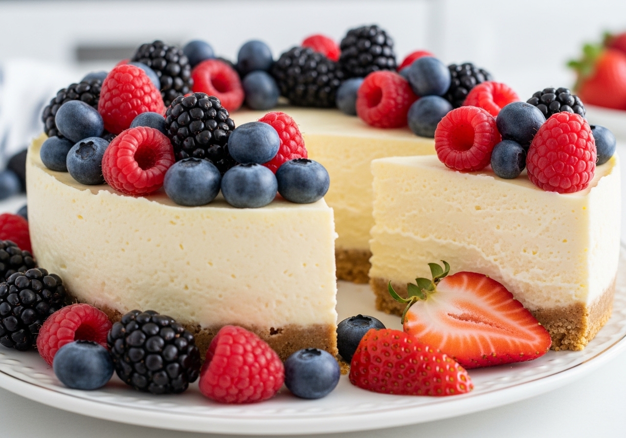 a stunning no bake cheesecake topped with fresh berries with a slice cut out to reveal its creamy texture