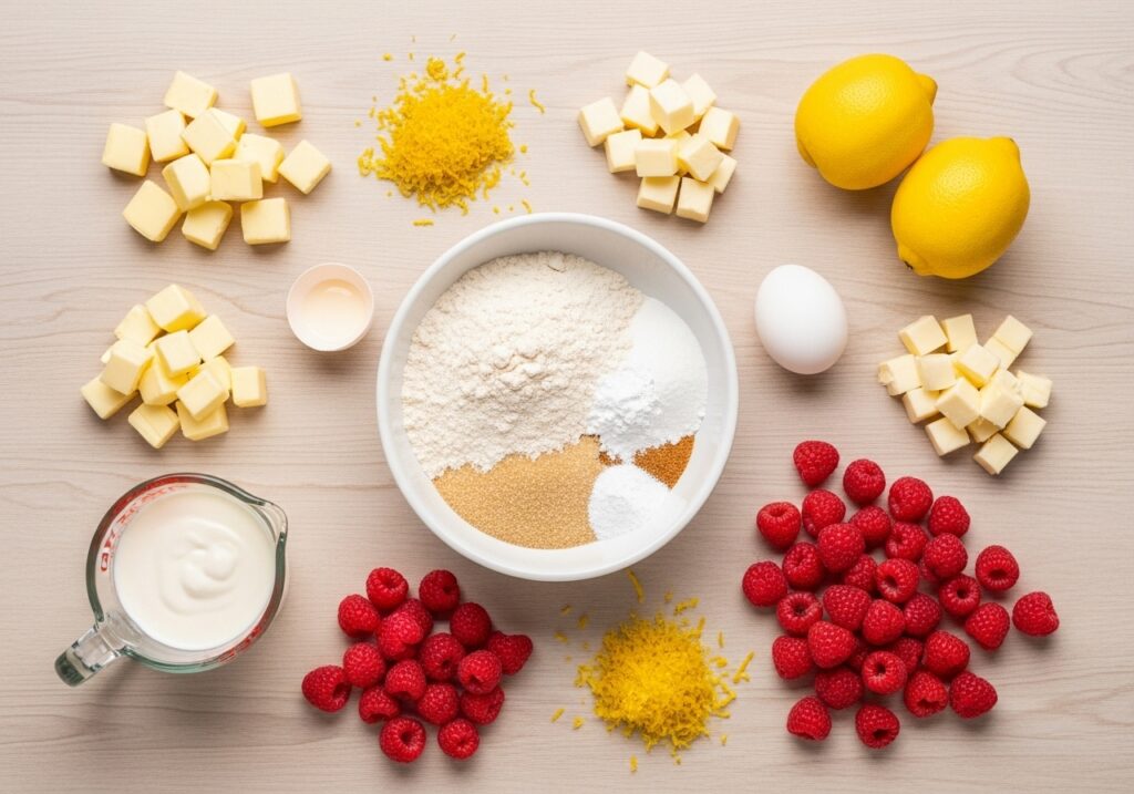 a vibrant display of ingredients for making lemon raspberry scones flour sugar baking powder salt cold butter cubes lemon zest fresh raspberries heavy cream and an egg