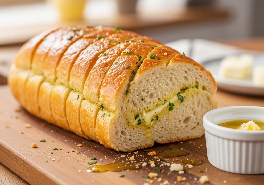 a whole loaf of golden brown garlic bread sliced to show the buttery garlic spread within on a rustic wooden board 1