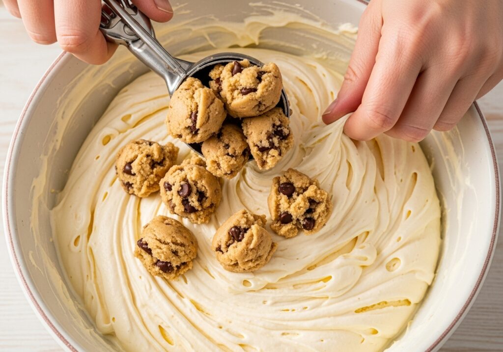adding cookie dough chunks to churned vanilla ice cream base.