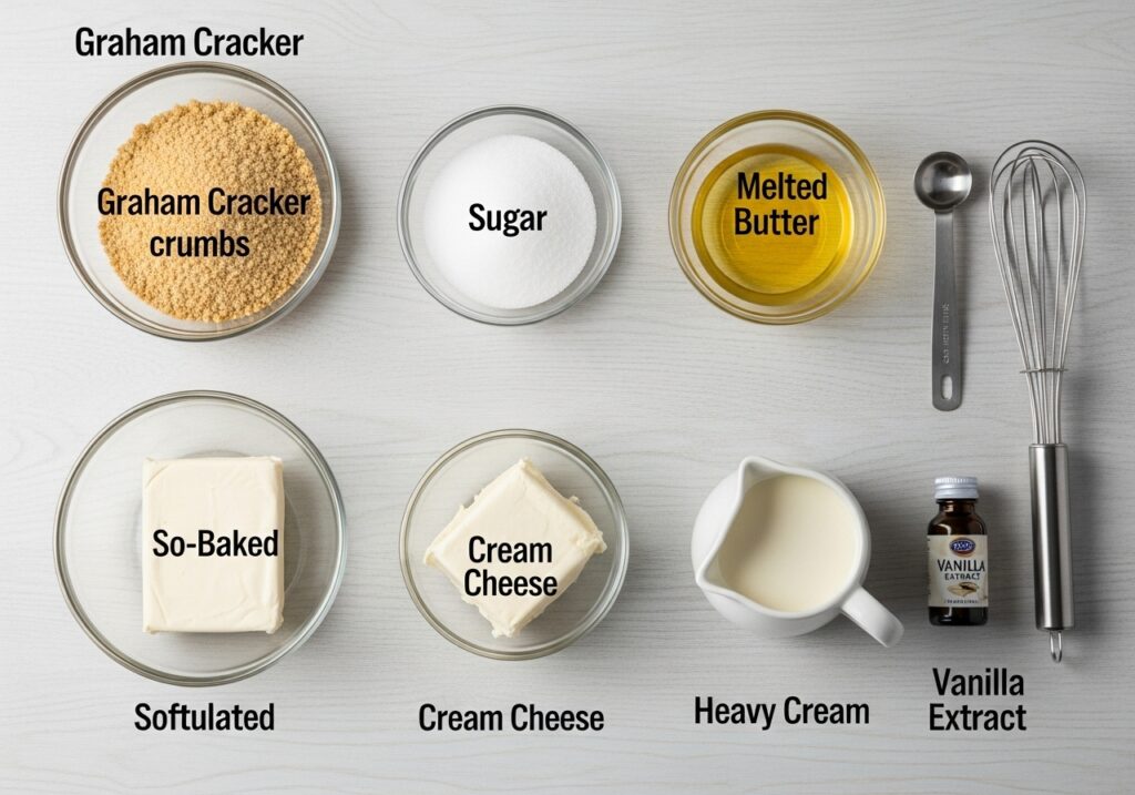 an organized flat lay of ingredients for an easy no bake cheesecake graham cracker crumbs sugar melted butter softened cream cheese heavy cream and vanilla extract