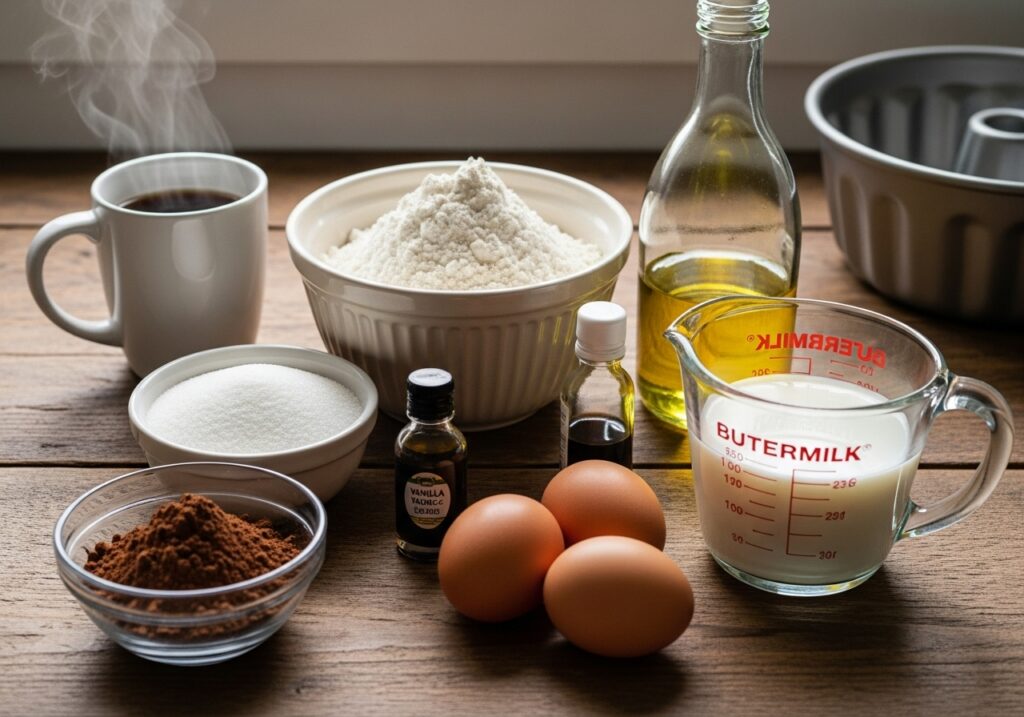 arranged ingredients, sugar, cocoa powder, eggs, buttermilk, oil, vanilla, hot liquid