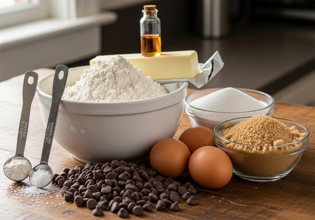 arrangement of classic chocolate chip cookie ingredients flour, sugar, brown sugar, eggs, butter, vanilla, baking soda, salt, chocolate chips