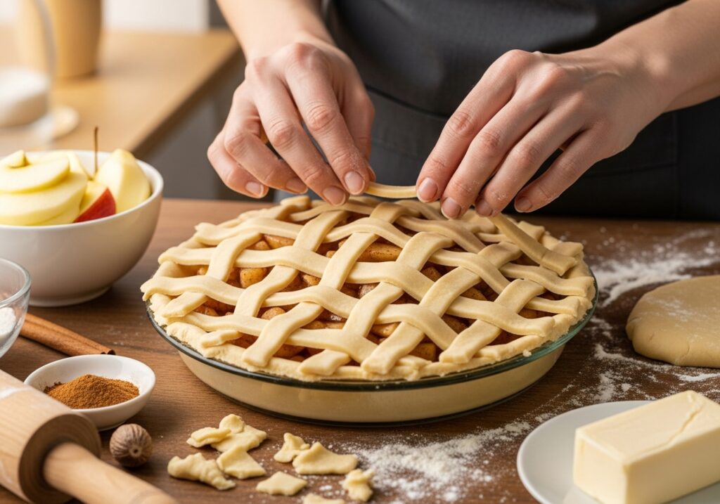 assembling a homestyle apple pie with a lattice top crust