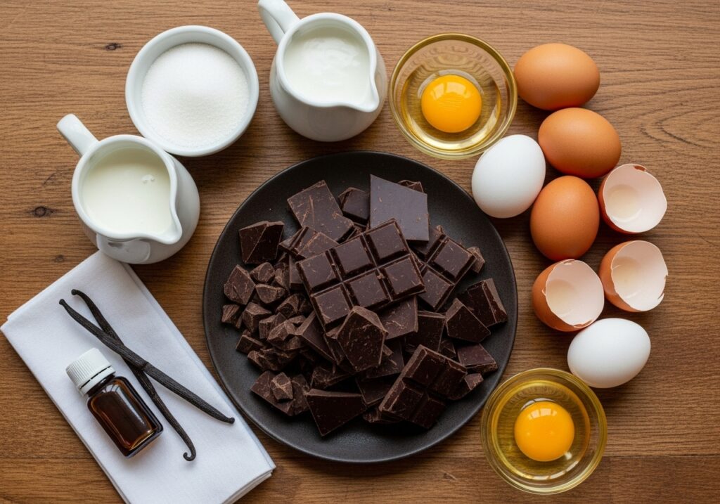 assortment of high quality dark chocolate eggs cream sugar and vanilla extract laid out for making chocolate mousse