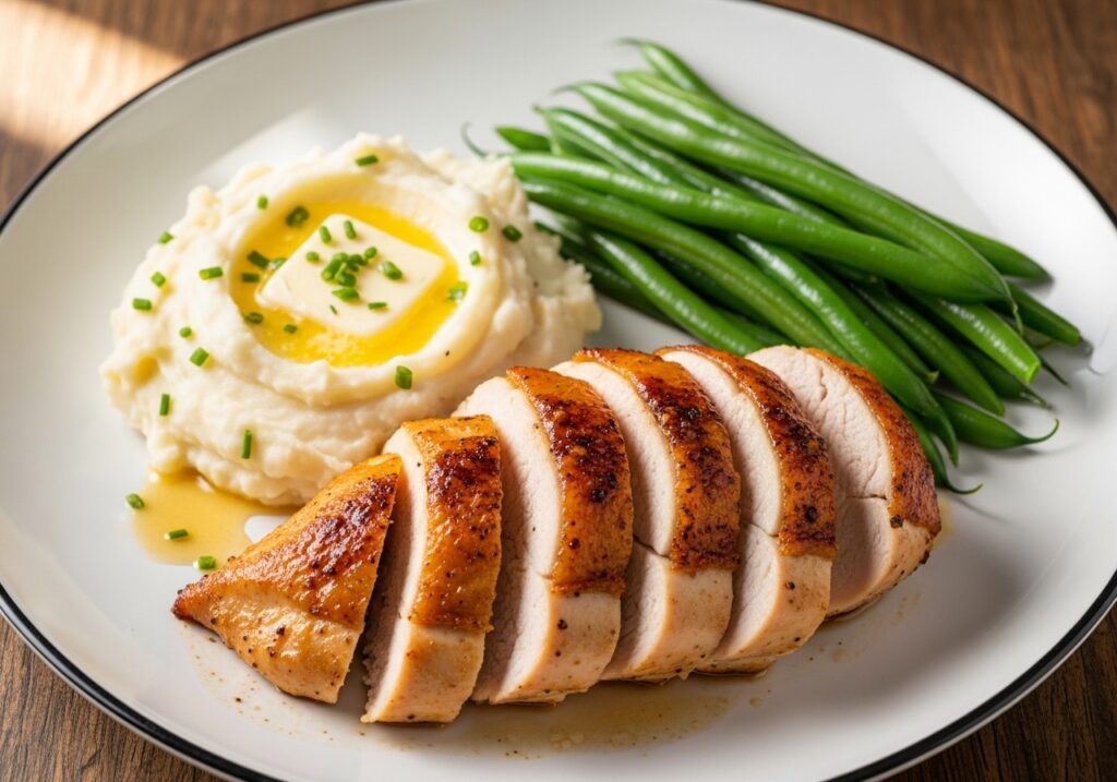 baked chicken breast served with mashed potatoes and green beans for a complete meal